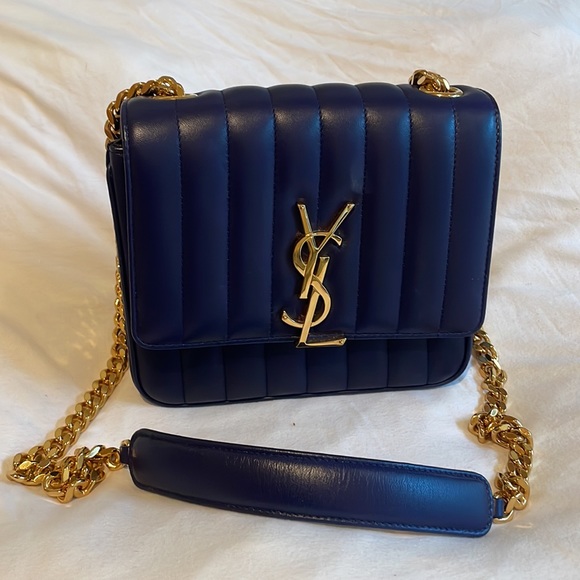 YVES SAINT LAURENT YSL VICKY BAG MEDIUM NAVY BLUE GOLD HARDWARE - Picture 1 of 7